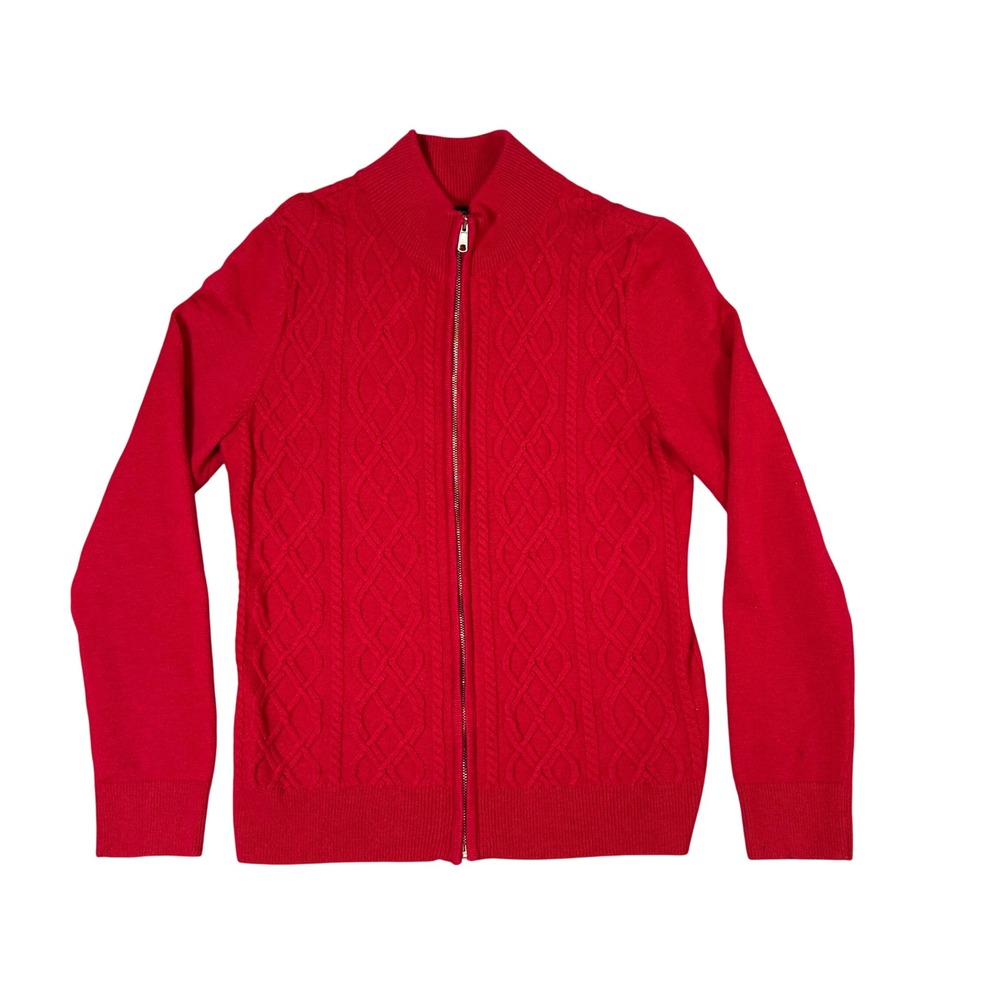 Talbots Red Cable Knit Full Zip Cardigan Sweater Lambswool Blend Size M
